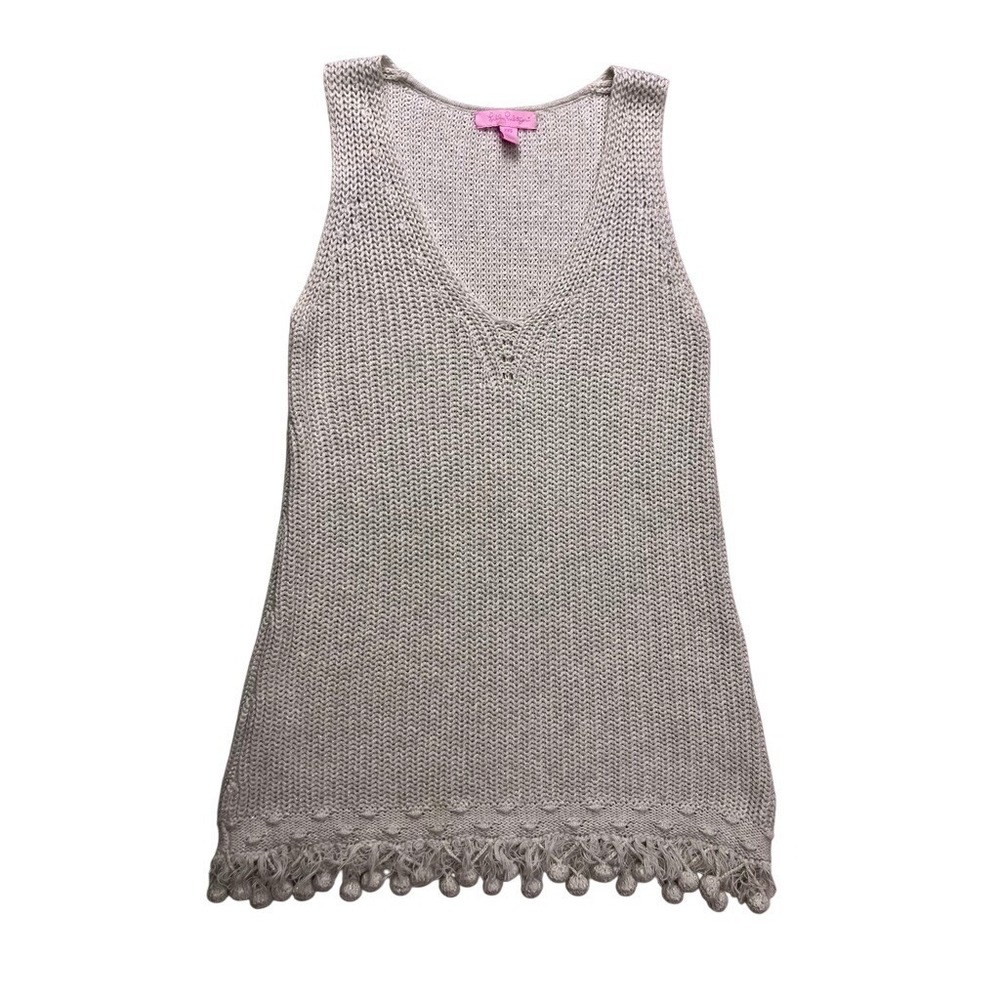 Lilly Pulitzer Sweater Tank Women XXS Silver Metallic Fringe Pom Pom Knit Top